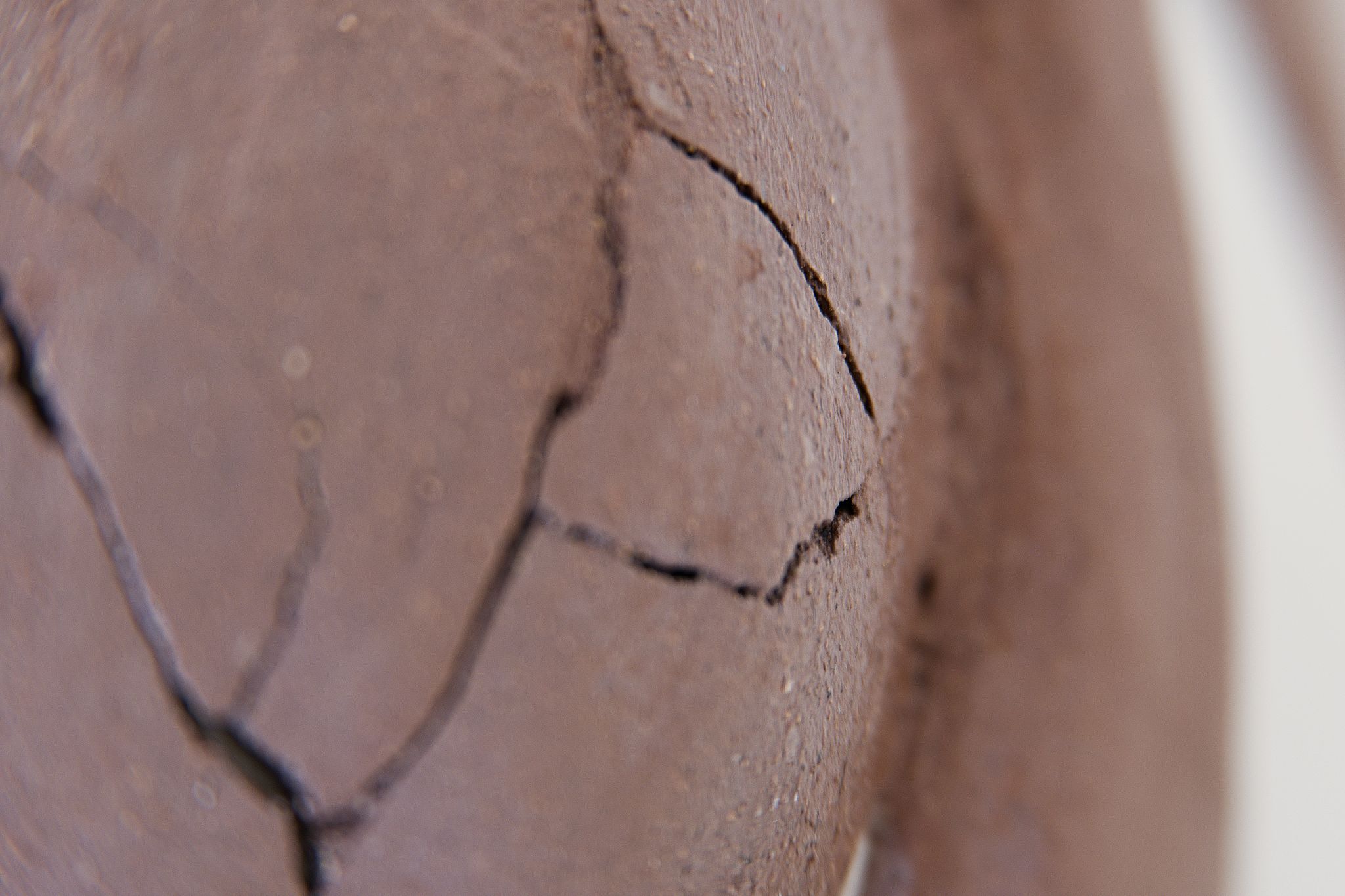 Macro showing cracks in the clay at a glancing angle, the light being diffusely reflected from the brighter background