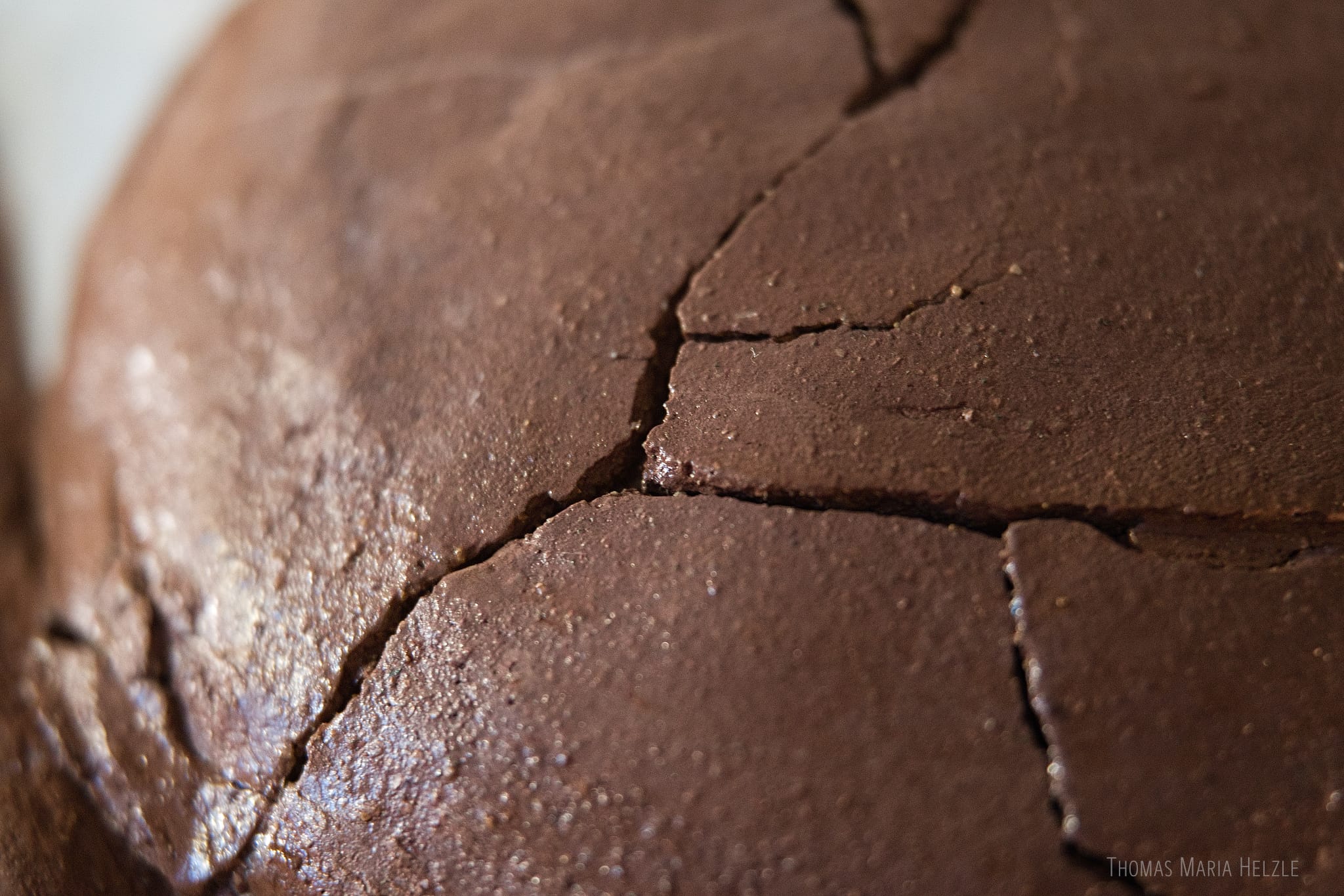 Macro of the cracks on the head of the more slender figure in the Lovers sculpture. Dark red-brown clay on a base of white plaster.