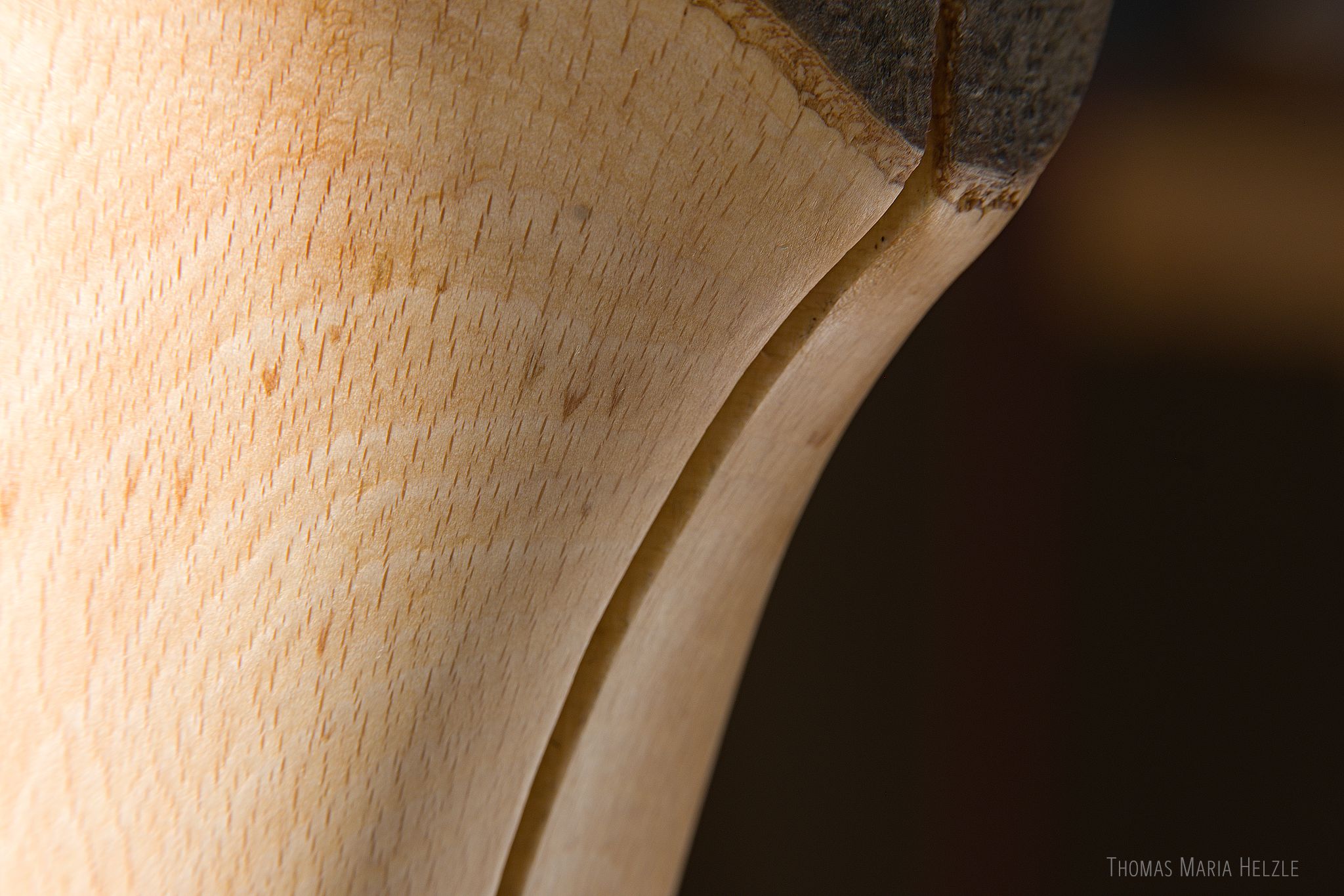 Eine Nahaufnahme eines Risses, der sich auf der Brust der Figur geformt hat, da sie aus frischem Buchenholz geschnitzt wurde. Die Holz Maserung zeigt erneut die Spiegel, hier aber als kleine längliche 'Körner', die dunkler sind als die Umgebung. Oben rechts ist ein Stück Rindenkante sichtbar.