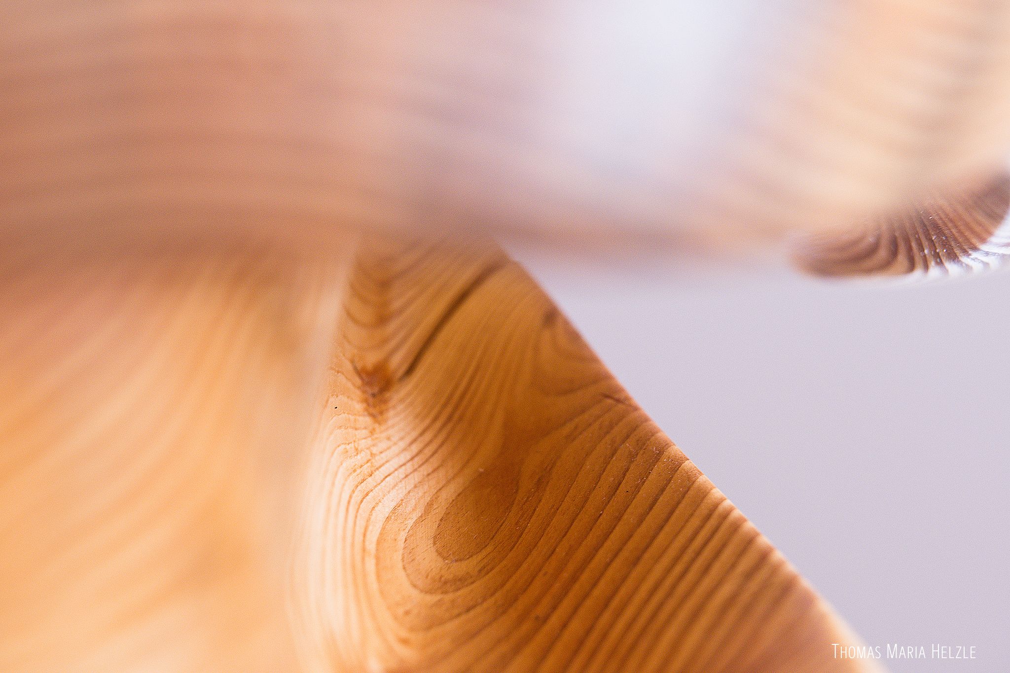 Macro of an inside part of the Transitions sculpture, showing year-ring patterns from the cutting of the smooth flowing forms. In the foreground some parts of the sculpture are extremely blurred by depth of field and become almost transparent, like a fog.